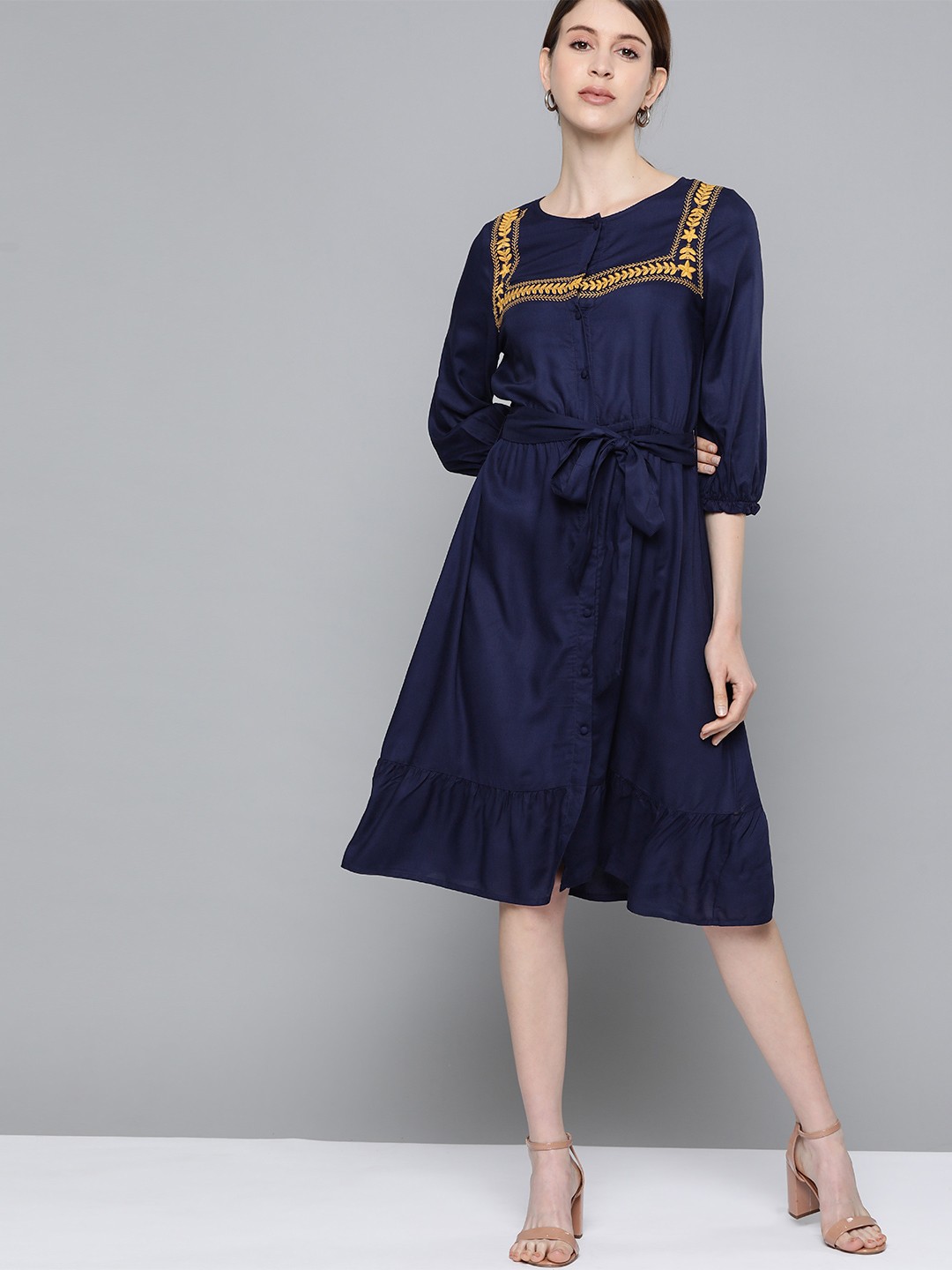 

Chemistry Women Navy Blue Embroidered Detail Fit & Flared Dress