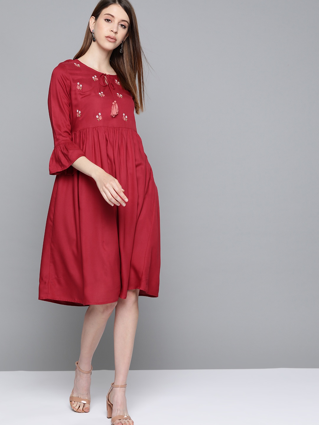 

Chemistry Women Maroon Embroidered A-Line Dress