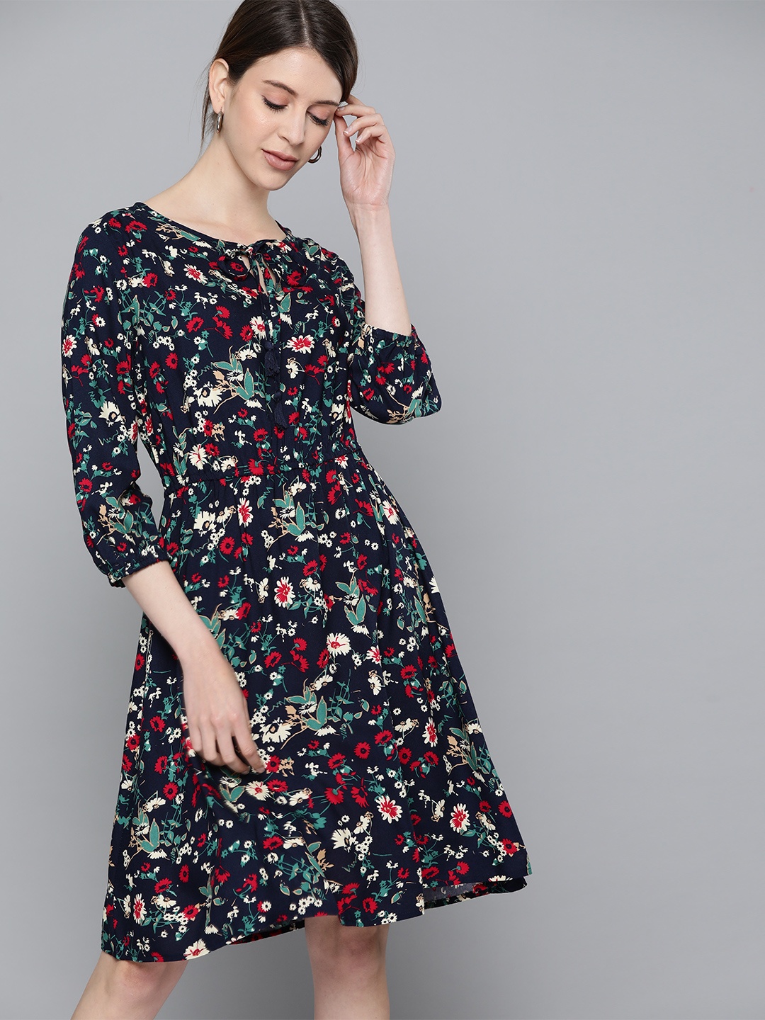 

Chemistry Women Navy Blue & Pink Floral Printed Fit & Flared Dress
