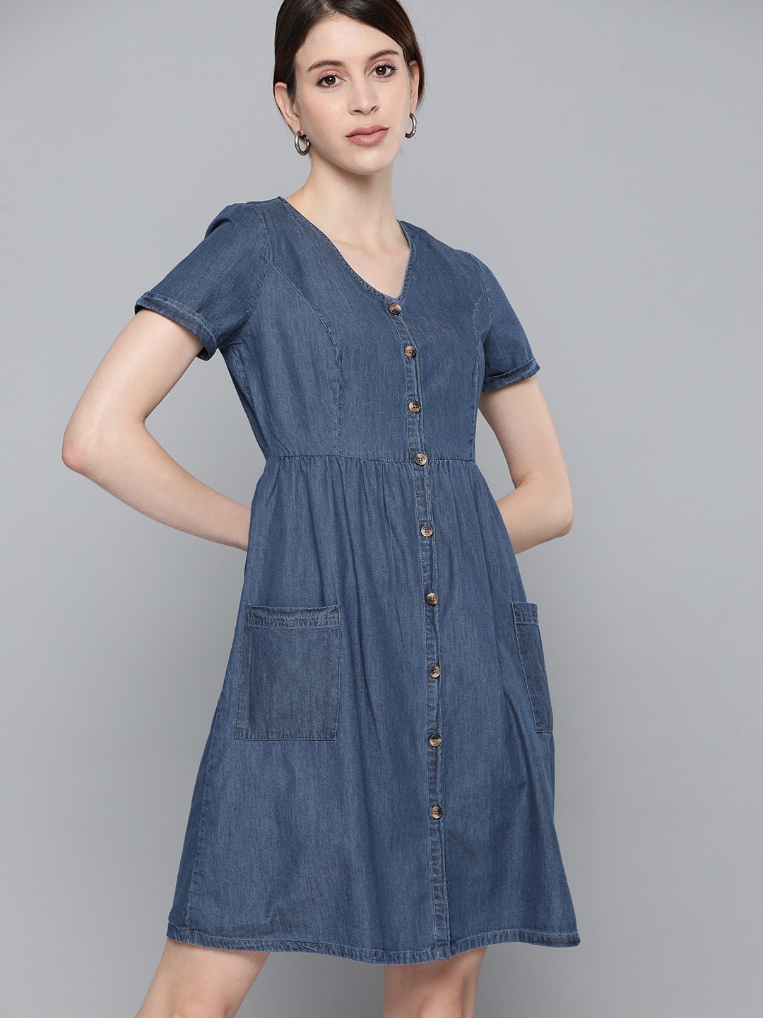 

Chemistry Women Blue Solid Fit & Flare Denim Dress With Pockets