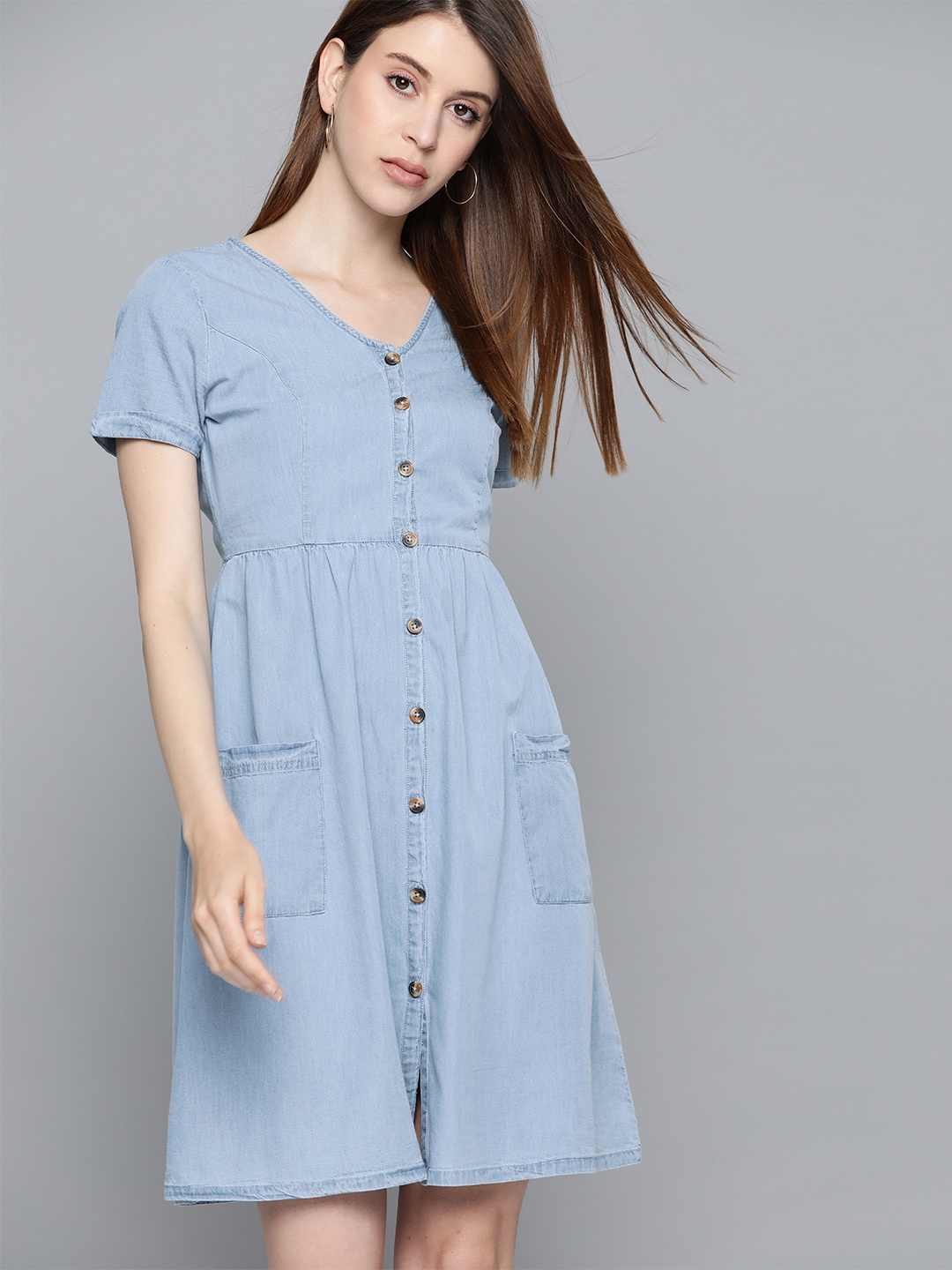 

Chemistry Women Blue Solid Denim V-Neck Fit & Flare Dress With Pockets