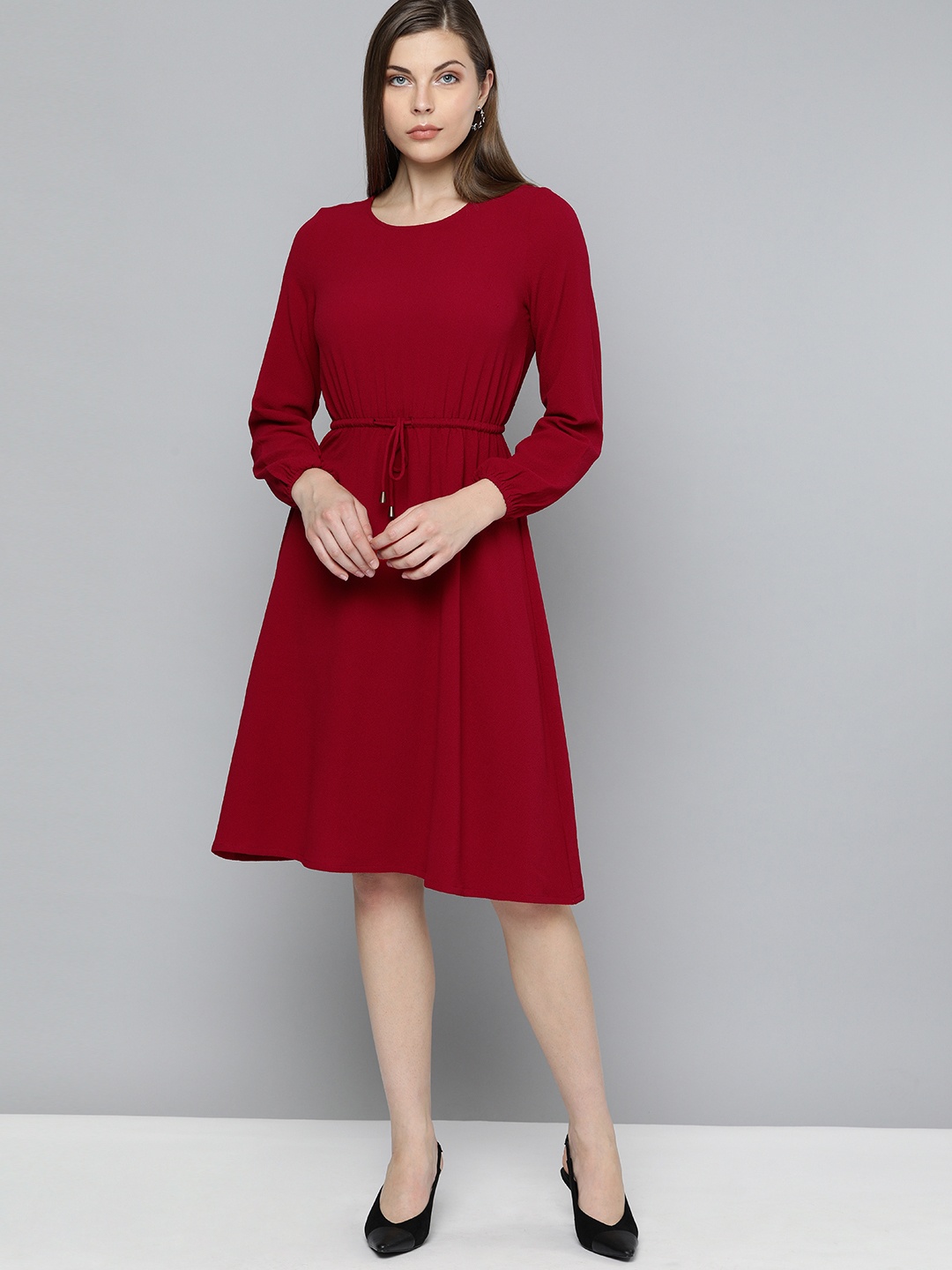 

Chemistry Maroon Fit and Flare Dress with Waist Tie-Ups