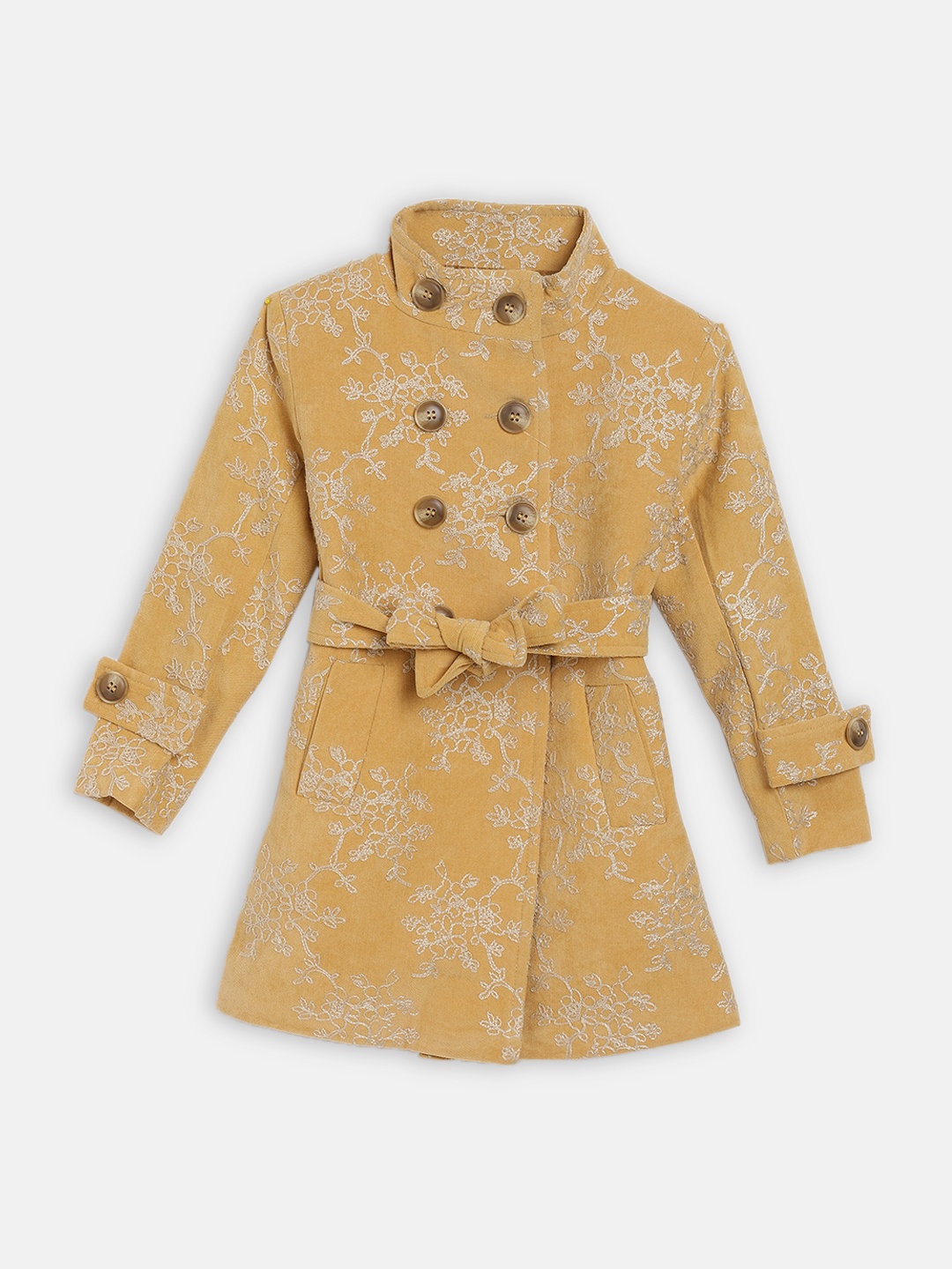 

Blue Giraffe Girls Mustard Yellow & Off-White Self-Design Embroidered Overcoat
