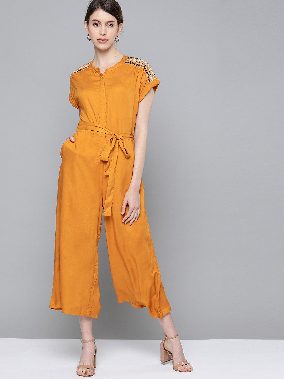 

Chemistry Women Mustard Yellow Embroidered Capri Jumpsuit