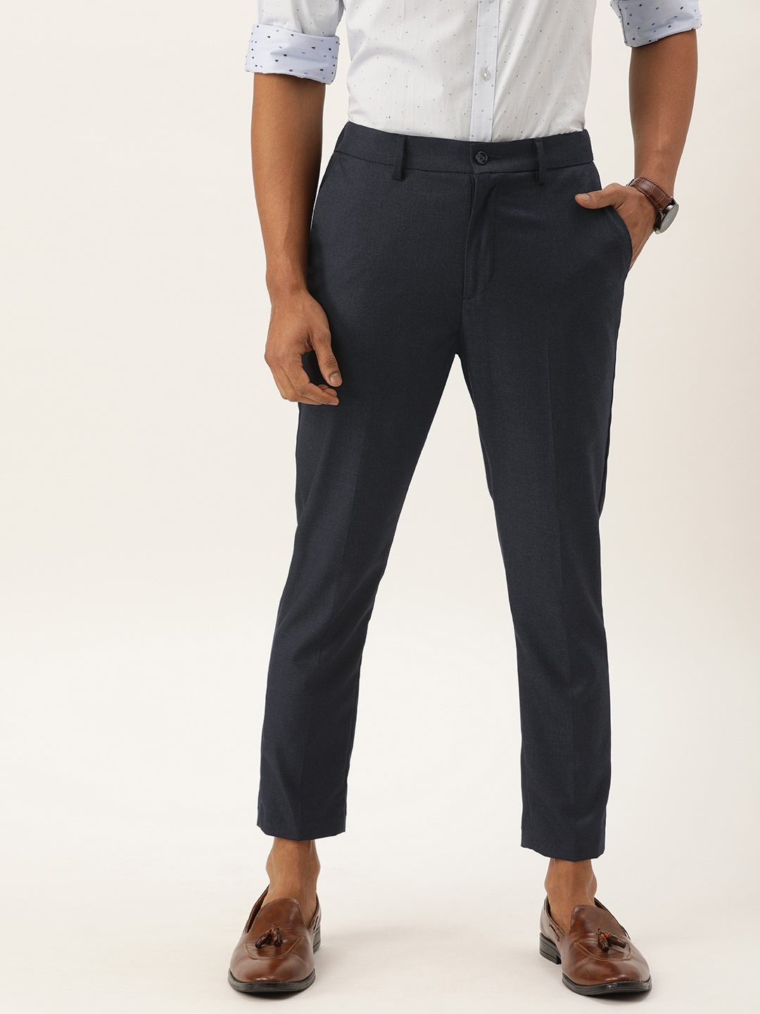 

Peter England Men Blue Carrot Fit Solid Formal Trousers