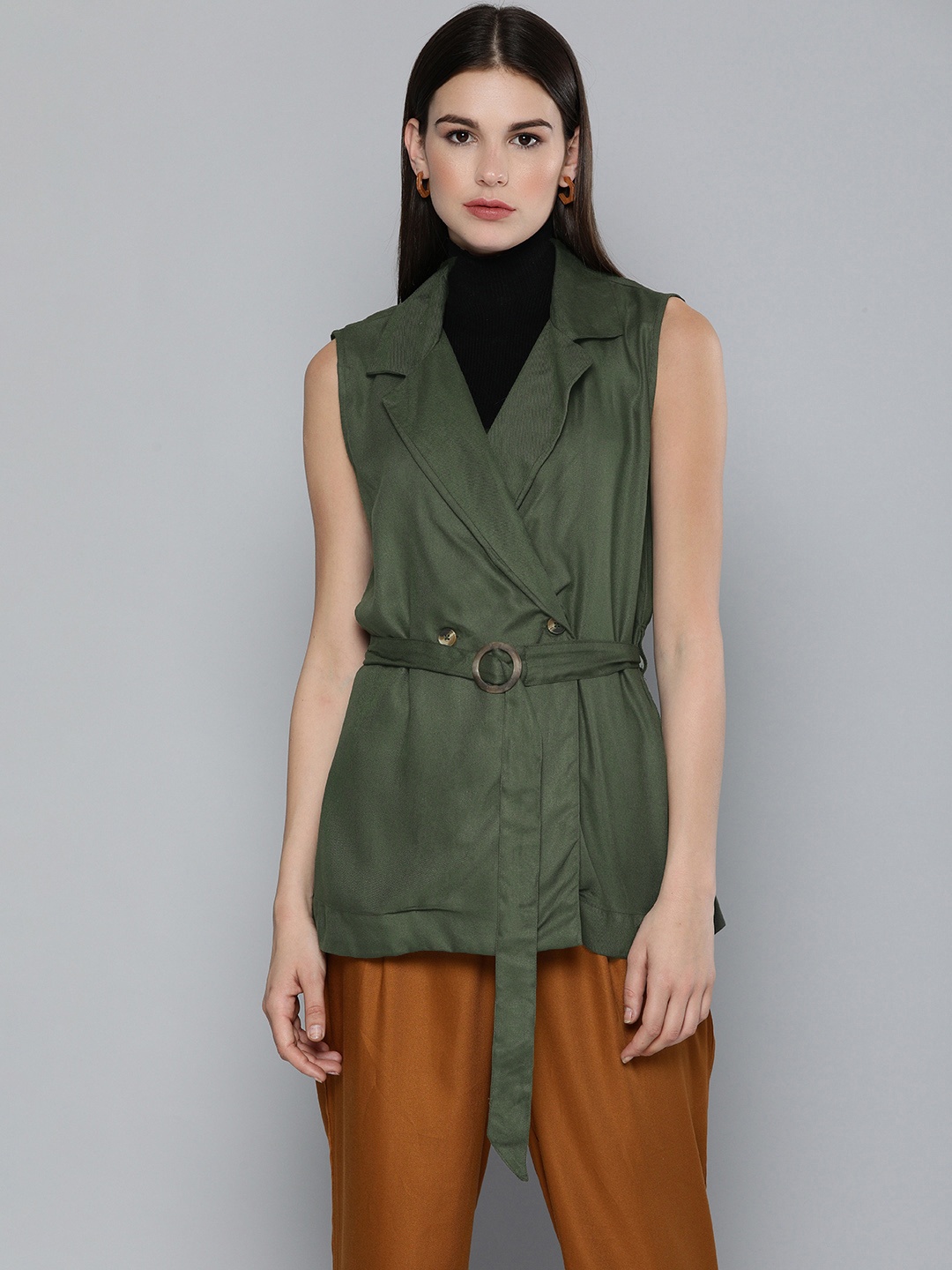 

Chemistry Women Olive Green Solid Tie-Up Shrug