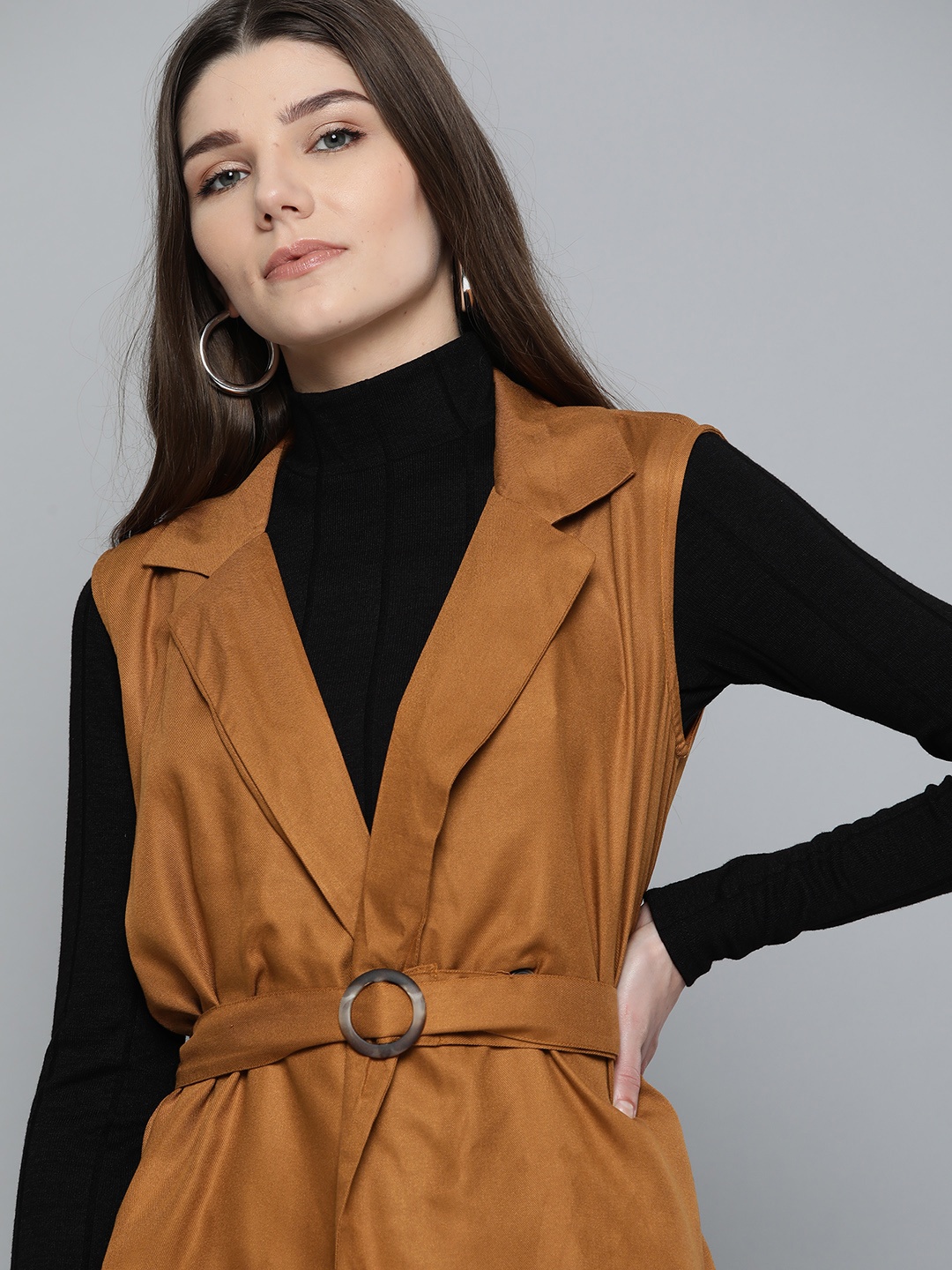 

Chemistry Women Brown Solid Lapel Collar Double Breasted Button Shrug with Belt