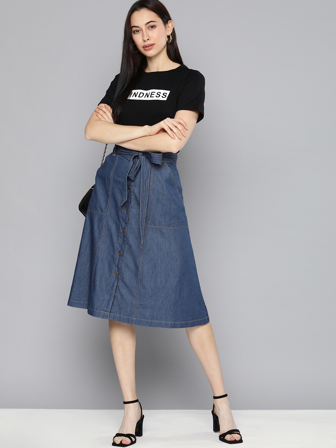 

Chemistry Women Blue Solid A-Line Denim Skirt With waist Tie -Up Detail