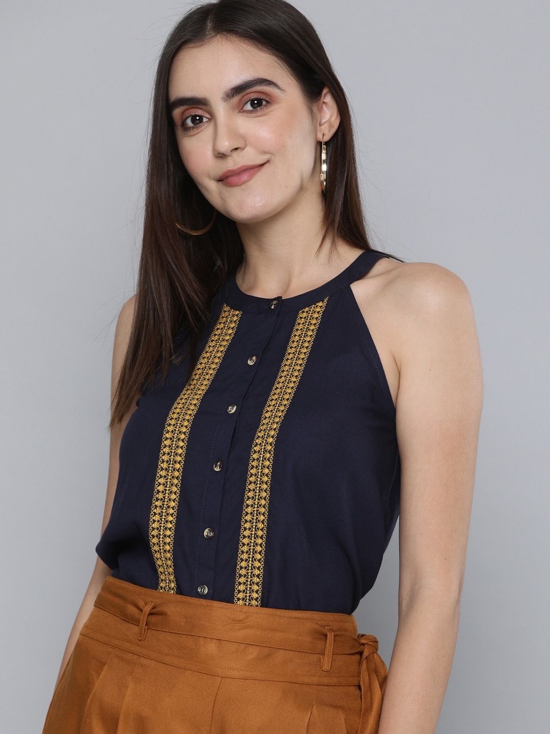 

Chemistry Navy Blue Striped Halter Neck Top with Embroidered Detail