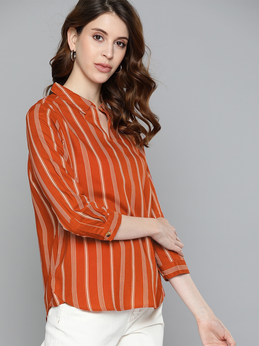 

Chemistry Rust Orange & Off White Striped Shirt Style Top