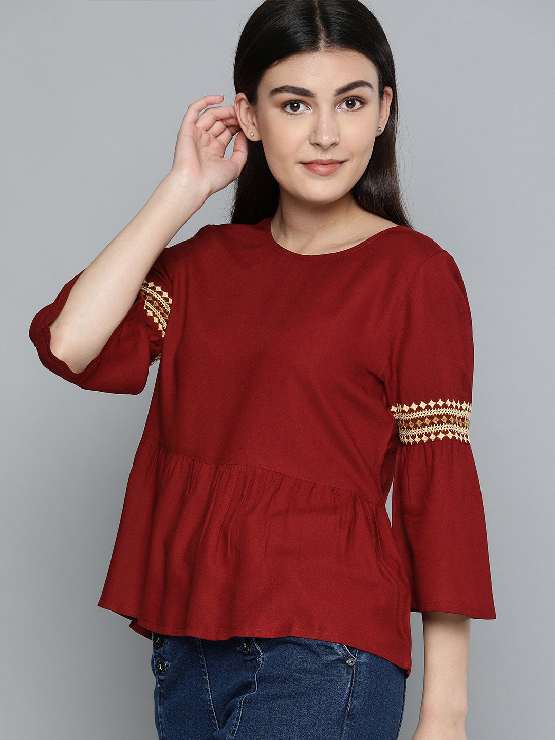 

Chemistry Women Maroon Solid A-Line Top With Embroidered Detail