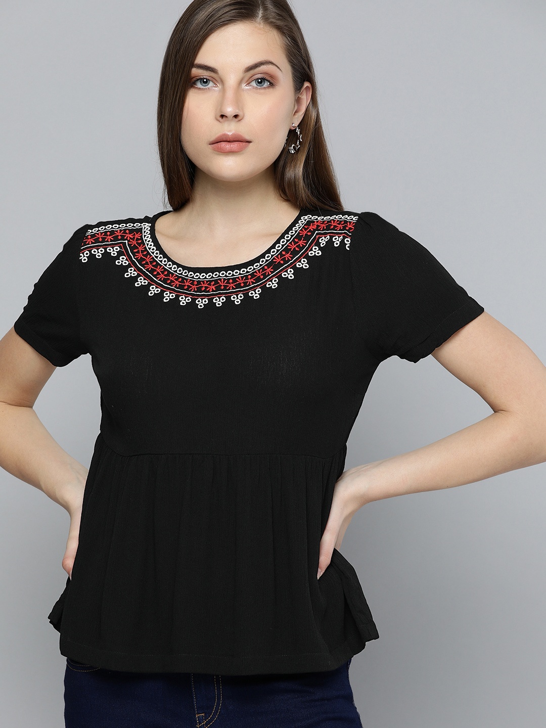 

Chemistry Women Black Solid A-Line Top with Embroidery