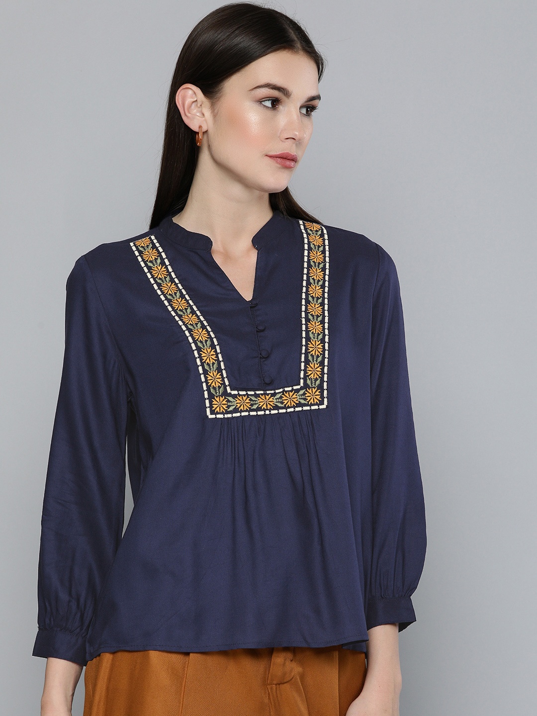 

Chemistry Navy Blue Embroidered Mandarin Collar Pleated Top