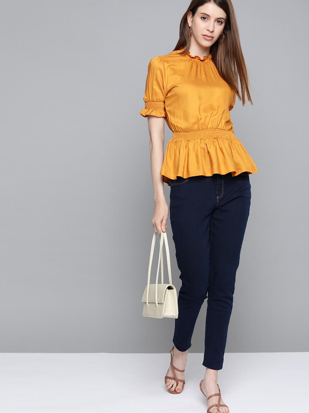 

Chemistry Mustard Yellow Puff Sleeves Smocked Cinched Waist Top