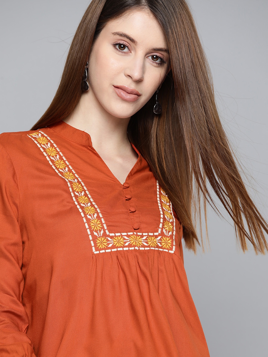 

Chemistry Rust Orange & Yellow Yoke Embroidered Mandarin Collar Shirt Style Top