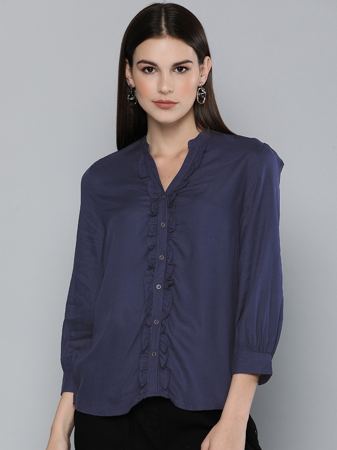 

Chemistry Women Navy Blue Regular Fit Solid Ruffled Casual Shirt