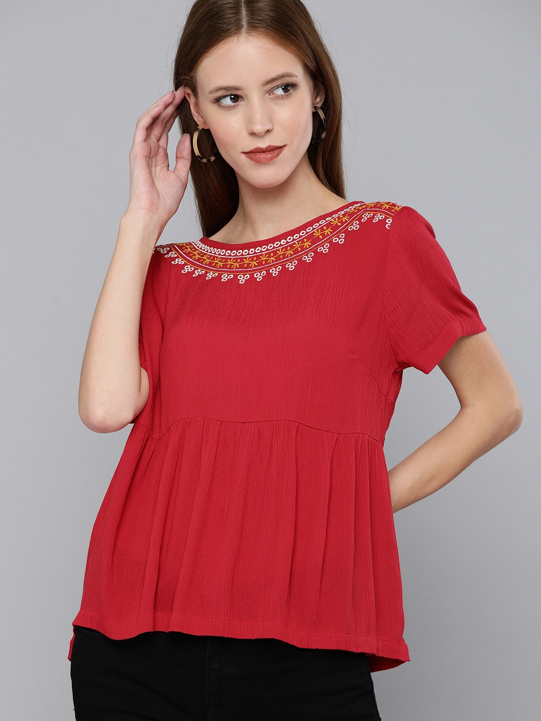 

Chemistry Women Red Solid A-Line Top with Embroidered Detail