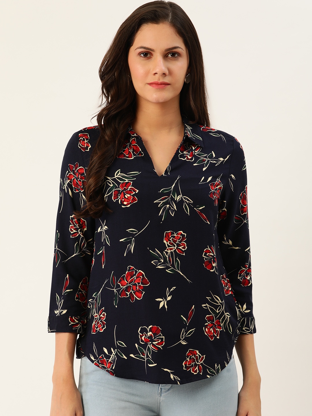 

Chemistry Women Navy Blue & Red Floral Print Regular Top