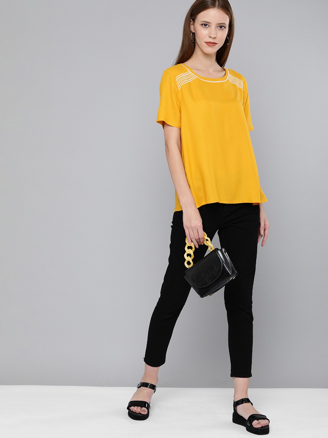 

Chemistry Women Mustard Yellow Solid Top with Embroidery
