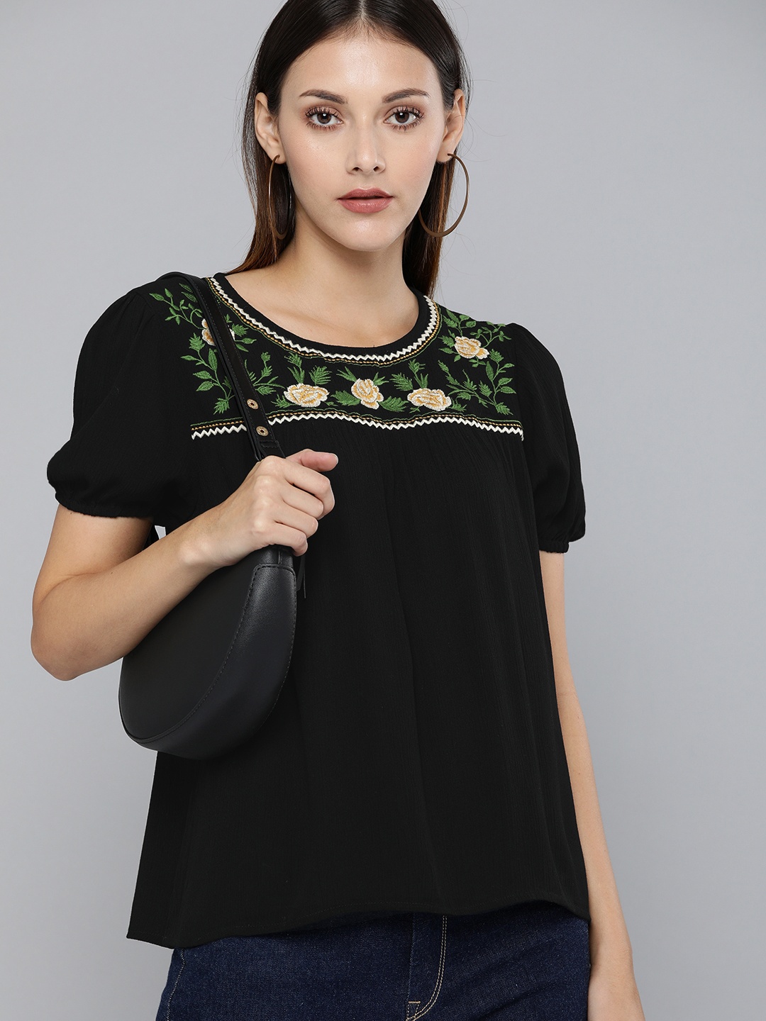 

Chemistry Women Black Embroidered A-Line Top with Gathers