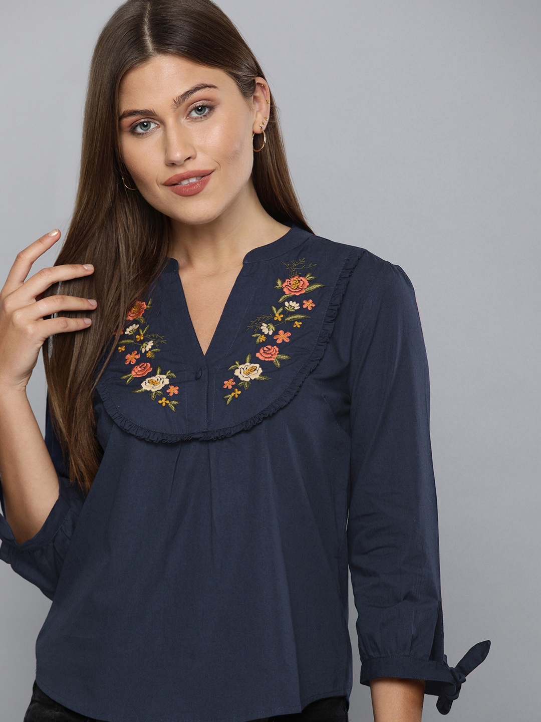 

Chemistry Women Navy Blue Solid Top With Embroidery