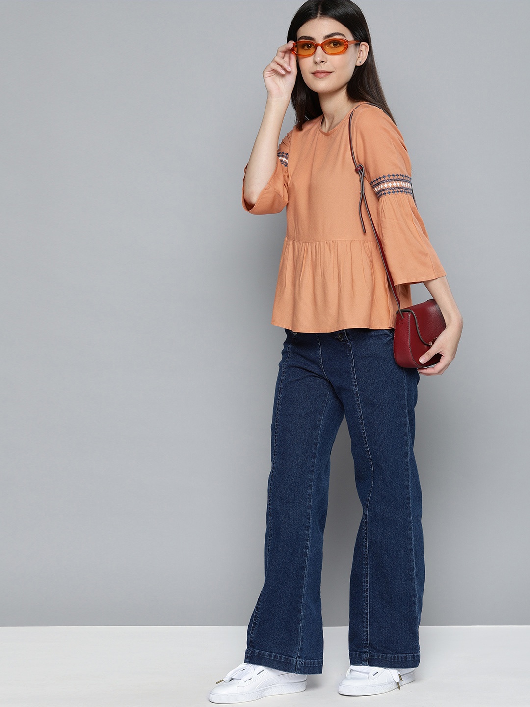 

Chemistry Women Peach-Coloured Solid A-Line Top With Embroidered Detail