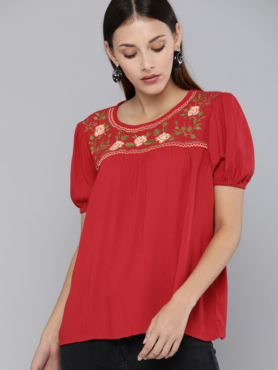 

Chemistry Women Red Embroidered A-Line Top with Gathers