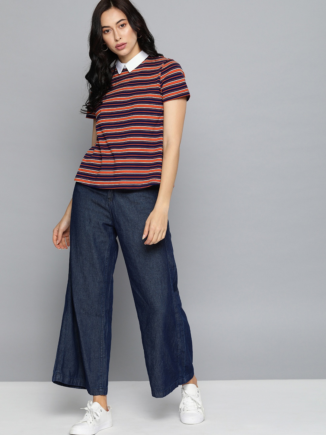 

Chemistry Women Navy Blue & Red Striped Shirt Collar Top