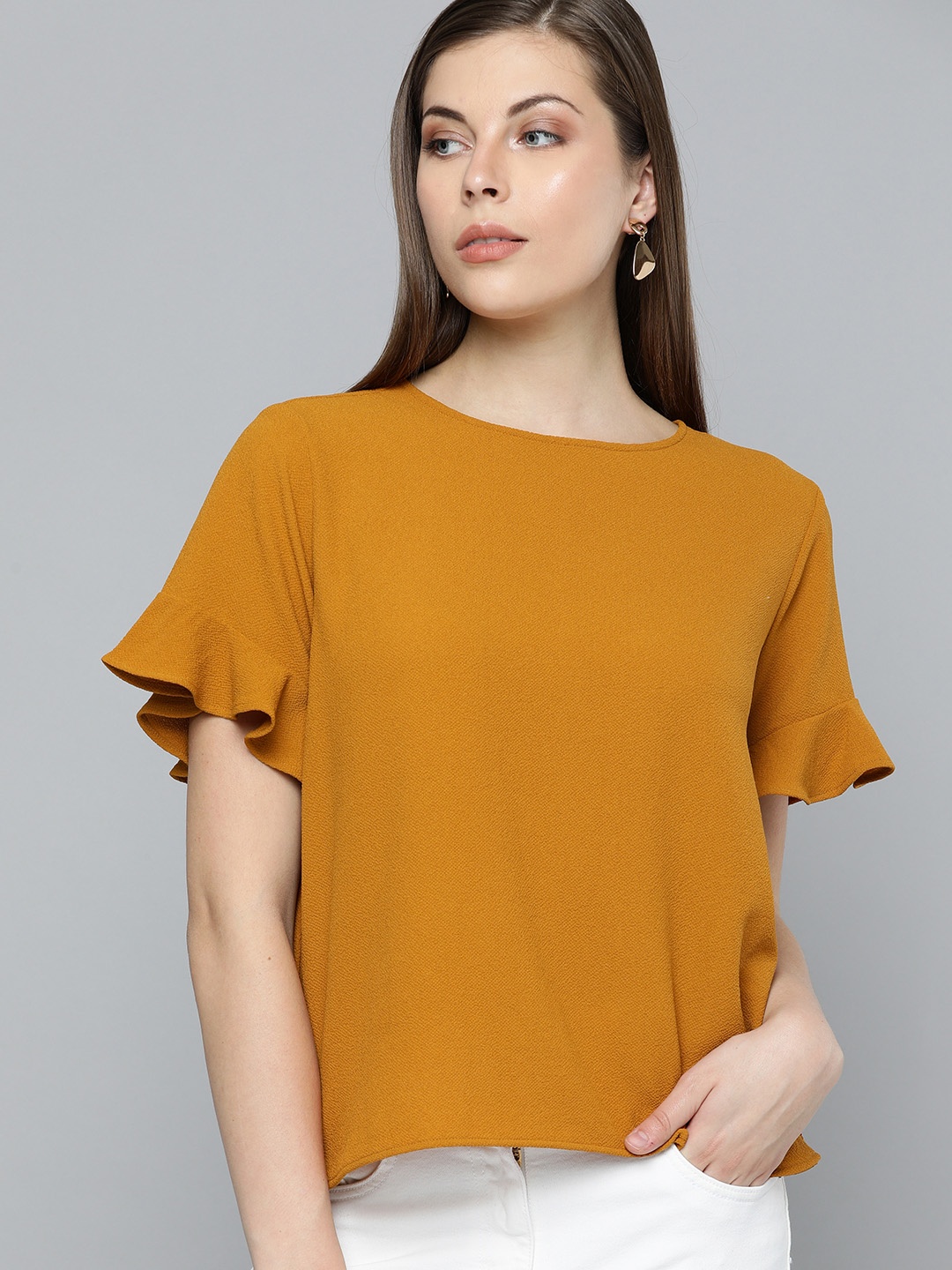 

Chemistry Women Mustard Yellow Solid Top with Ruffled Sleeves