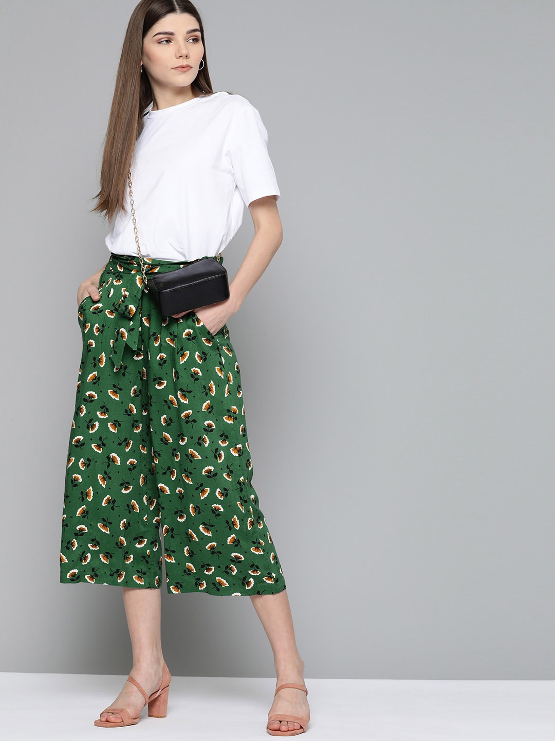 

Chemistry Women Green & Mustard Yellow Flared Floral Printed Culottes