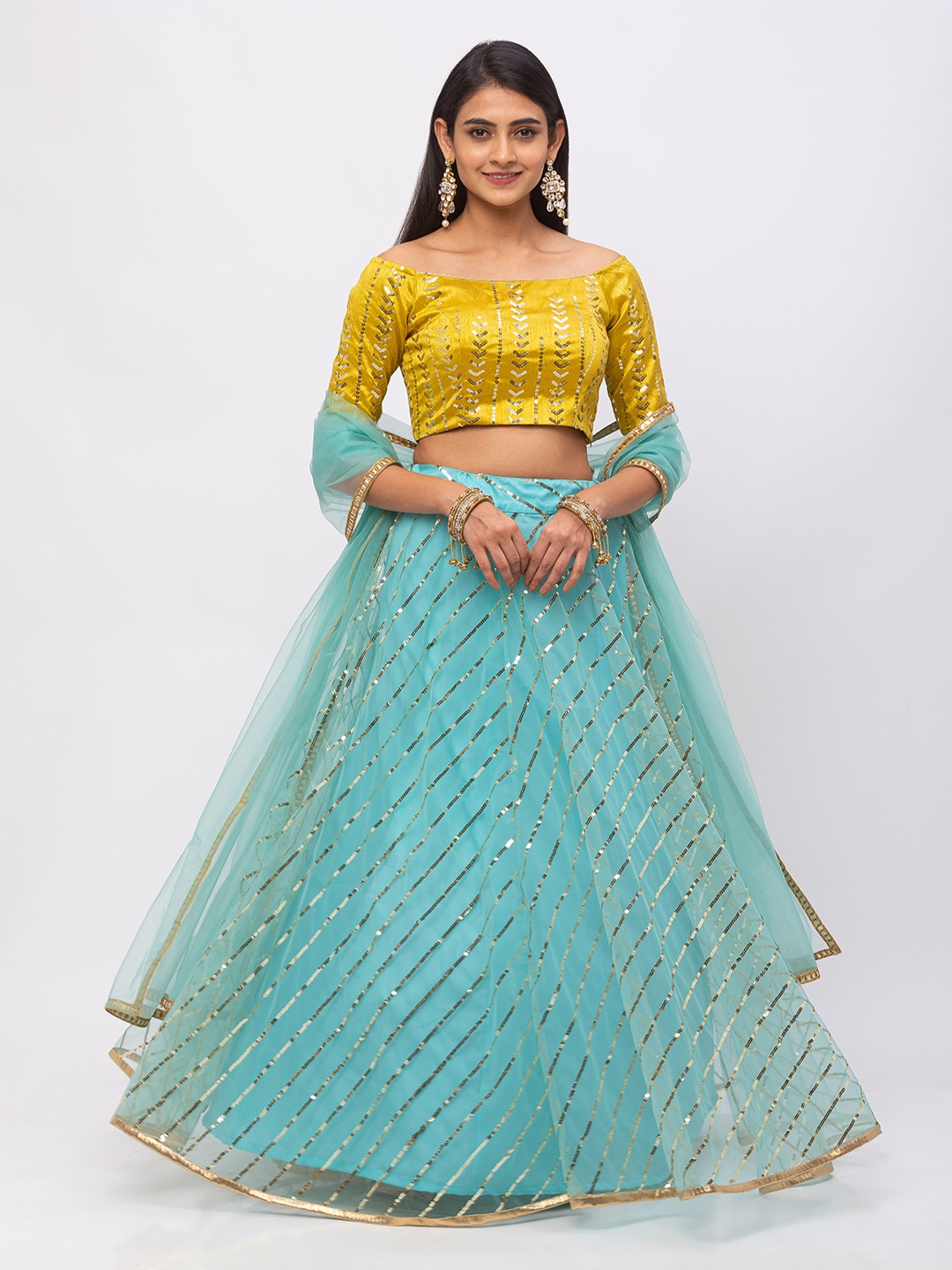 

6Y COLLECTIVE Women Turquoise Blue & Mustard Yellow Leheriya Patterned Sequin Embroidered Ready to Wear Net Lehenga & Unstitched Choli with Dupatta