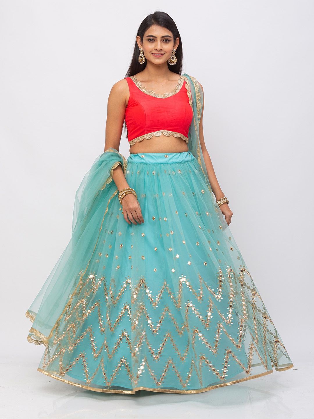 

6Y COLLECTIVE Women Turquoise Blue & Pink Sequin Embroidered Wave Designed Gotapatti Ready to Wear Net Lehenga & Unstitched Choli with Dupatta