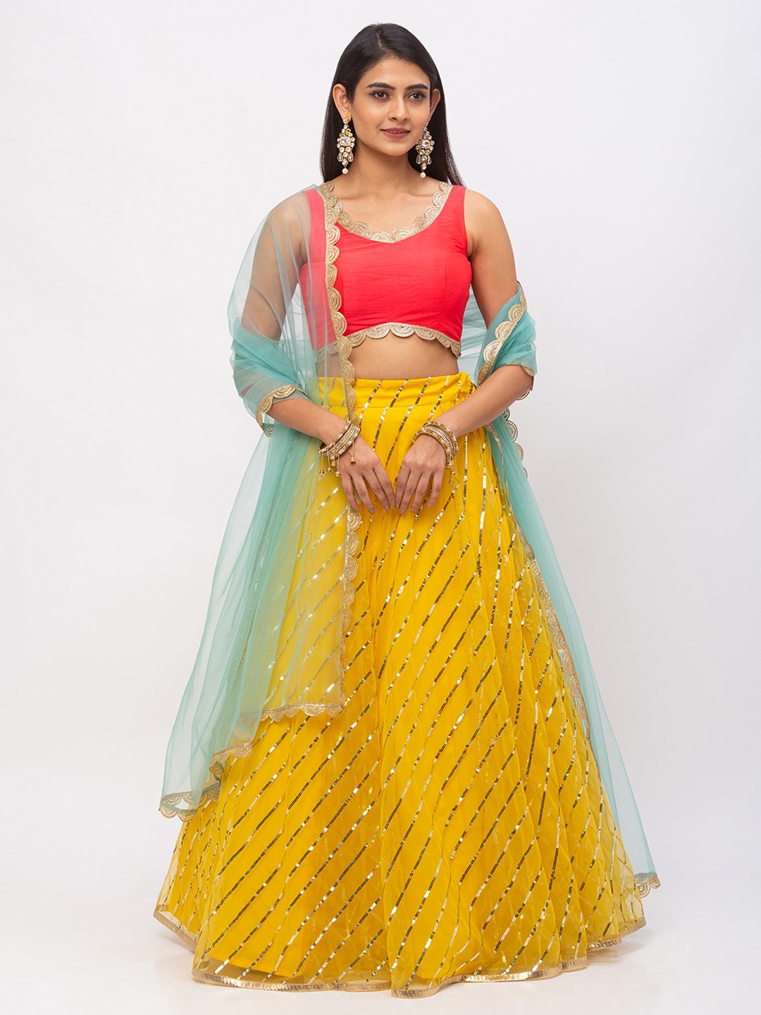 

6Y COLLECTIVE Women Mustard Yellow & Pink Leheriya Patterned Sequin Embroidered Ready to Wear Net Lehenga & Unstitched Choli with Dupatta