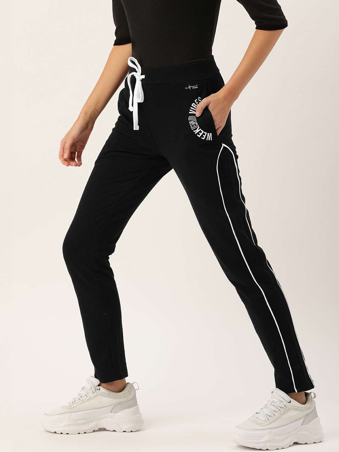 

Flying Machine Women Black Solid Track Pants with Side Stripe Detail