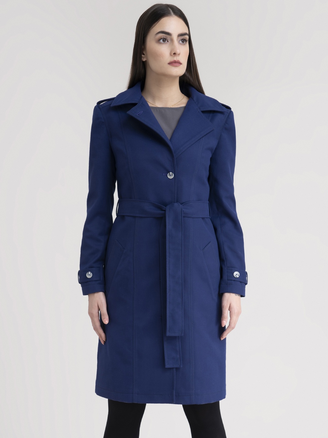 

FableStreet Women Notched Lapel Collar Trench Coat, Navy blue