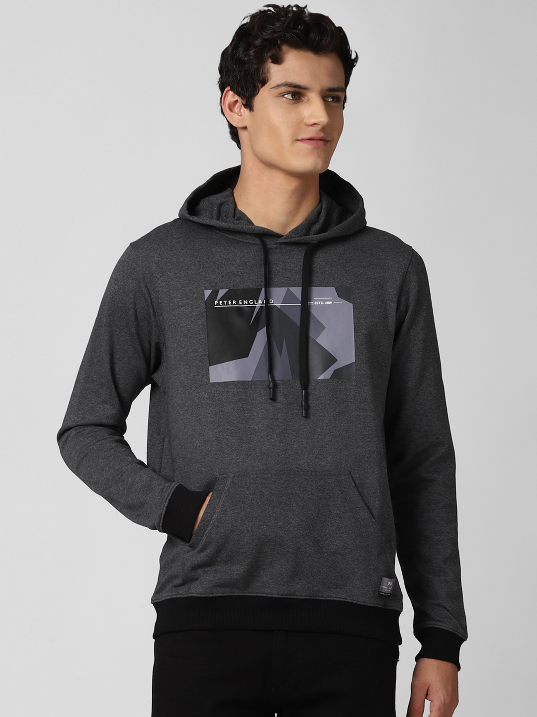 

Peter England Casuals Men Grey Colourblocked Hooded Sweatshirt