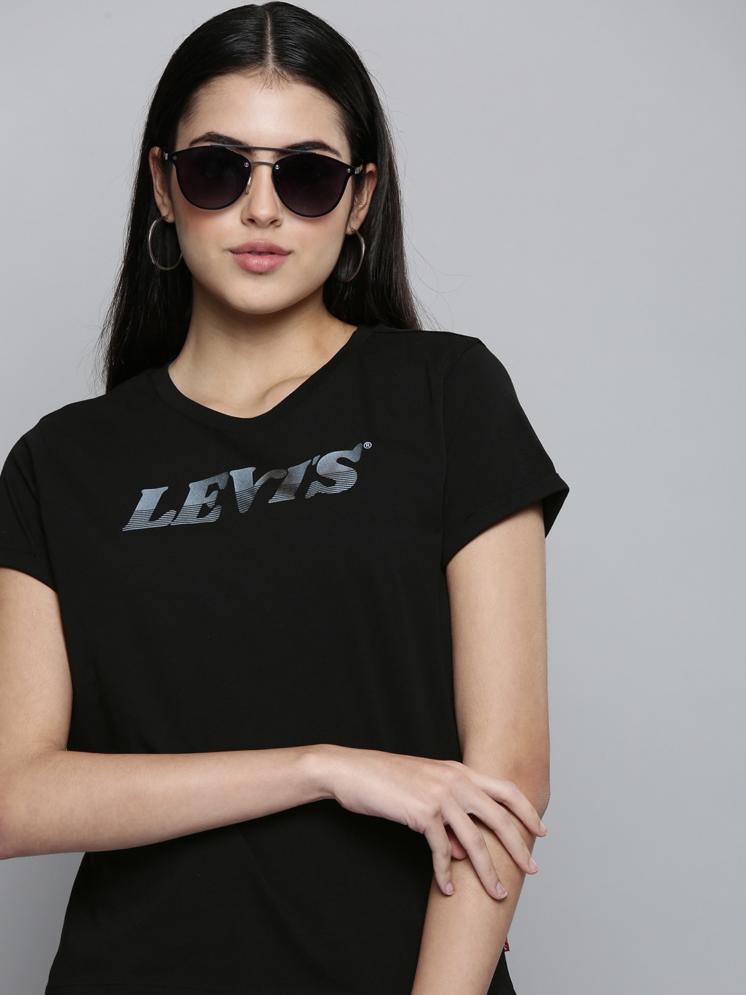 

Levis Women Black Typography Printed Pure Cotton Casual T-shirt