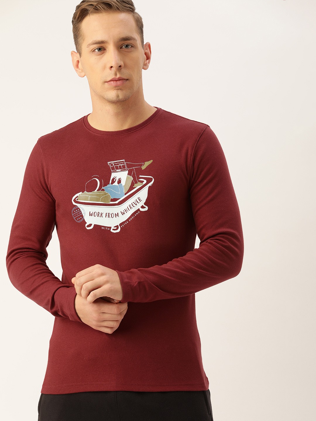 

Peter England Men Maroon Printed Slim Round Neck Lounge T-shirt