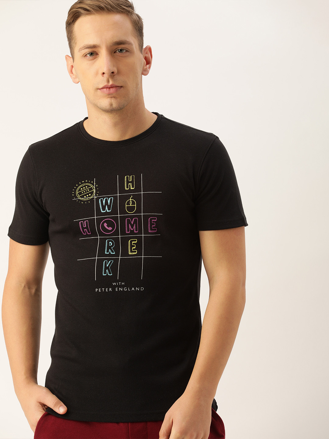 

Peter England Men Black Printed Slim Fit Round Neck Lounge T-shirt