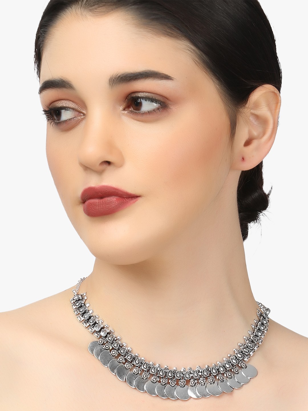 

Adwitiya Collection Silver-Plated Oxidised Coin Detail Necklace