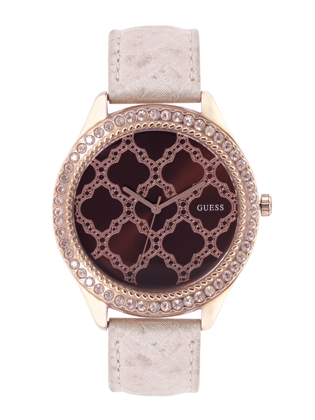 

GUESS Women Brown & Rose Gold Toned Embellished Dial & Beige Leather Strap Watch W0579L2