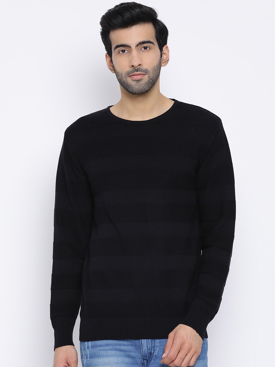 

Richlook Men Black Self-Striped Sweater