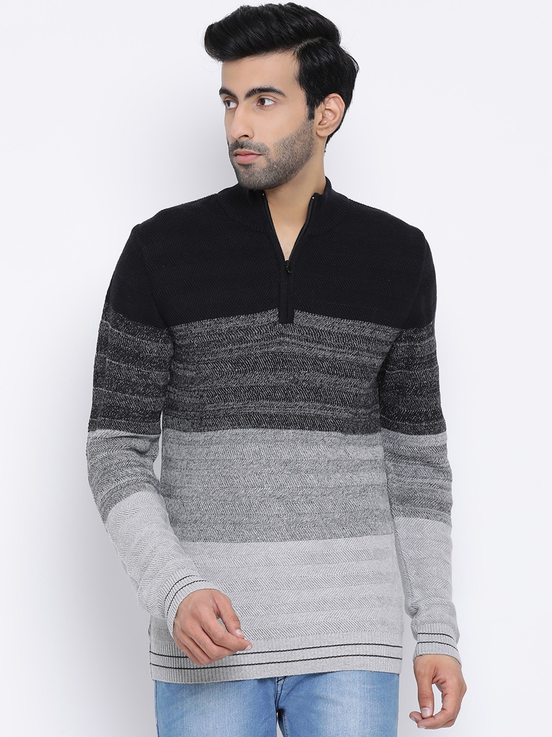 

Richlook Men Black & Grey Striped Pullover Sweater
