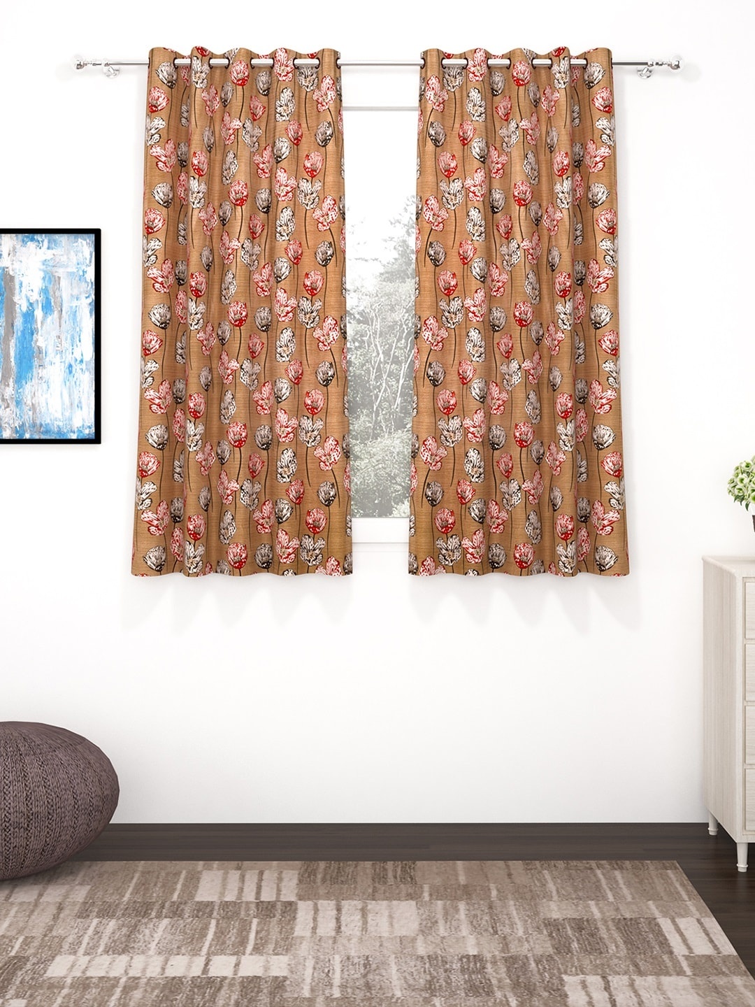 

Bedspun Set Of 2 Gold-Coloured & Red Polyester Eyelet Ringtop Window Curtains