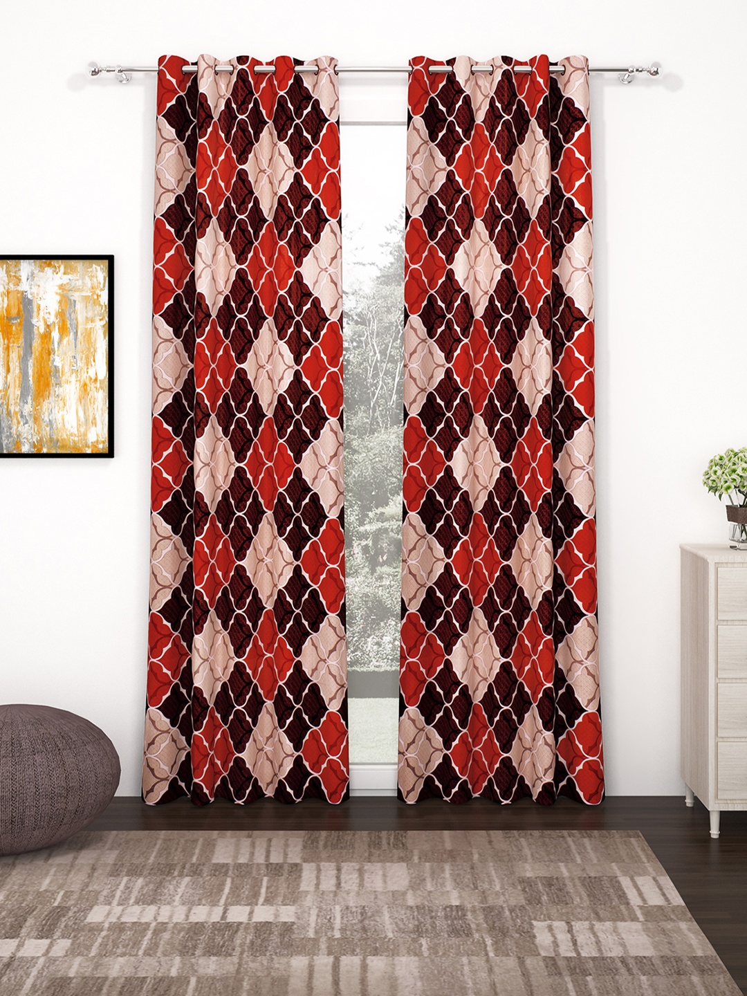 

Bedspun Brown & Red Set Of 2 Printed Door Curtains