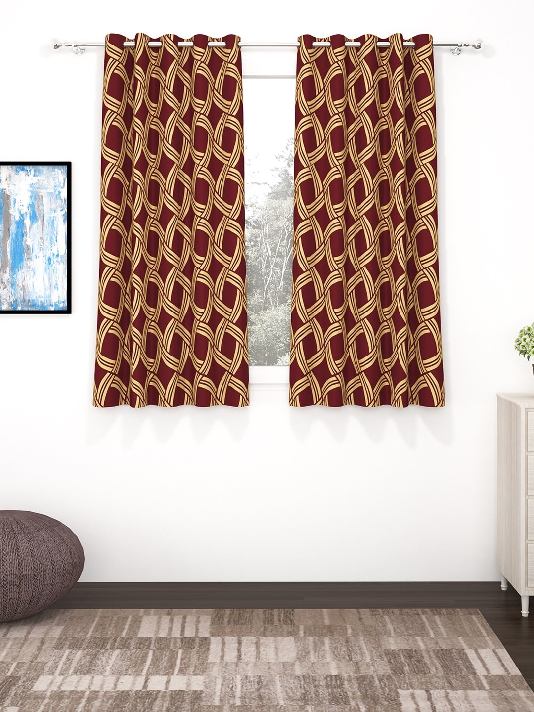 

Bedspun Set Of 2 Maroon & Beige Printed Polyetser Eyelet Ringtop Window Curtains