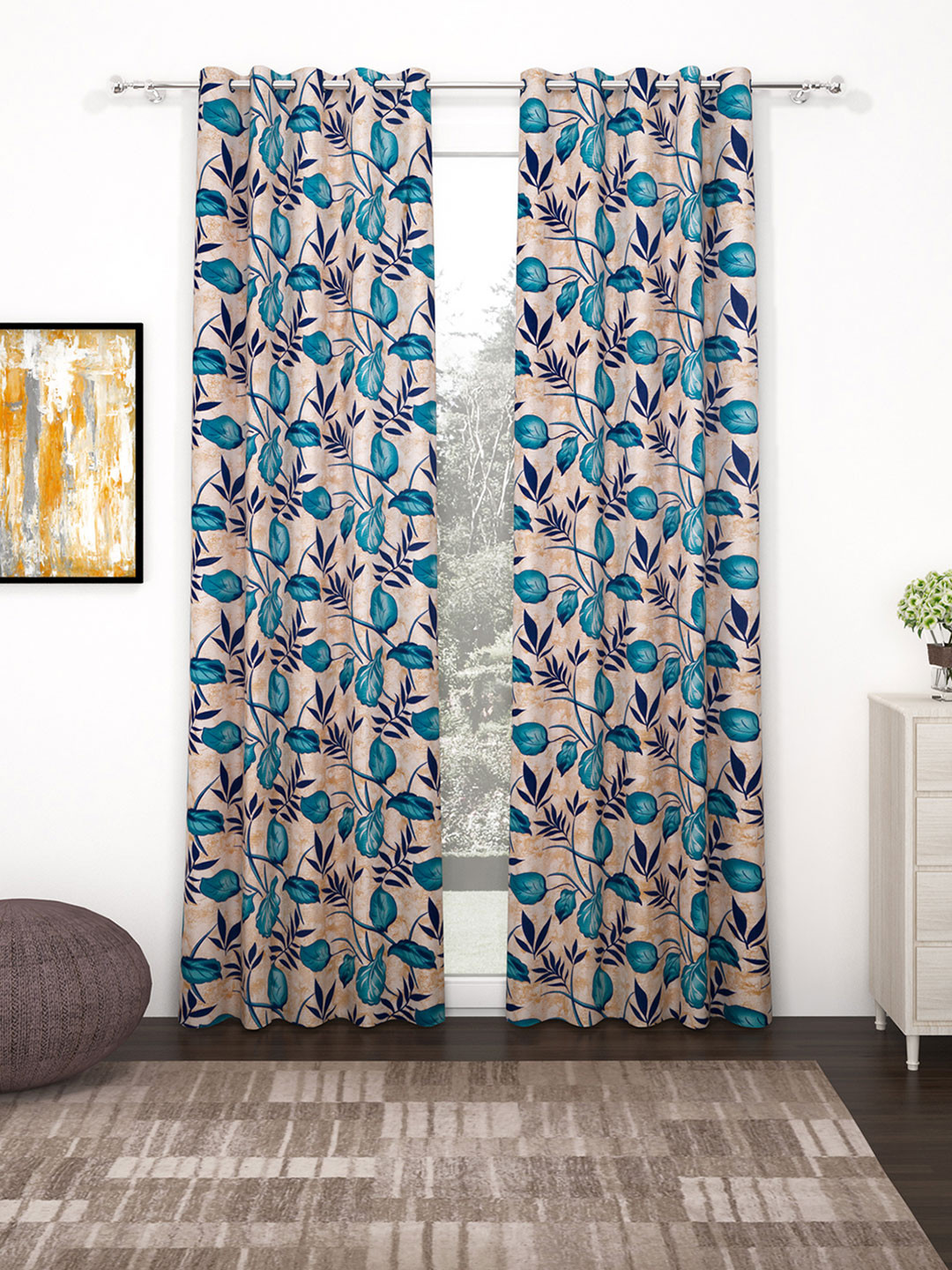 

Bedspun Set Of 2 Blue & Beige Floral Printed Polyester Eyelet Ringtop Door Curtains
