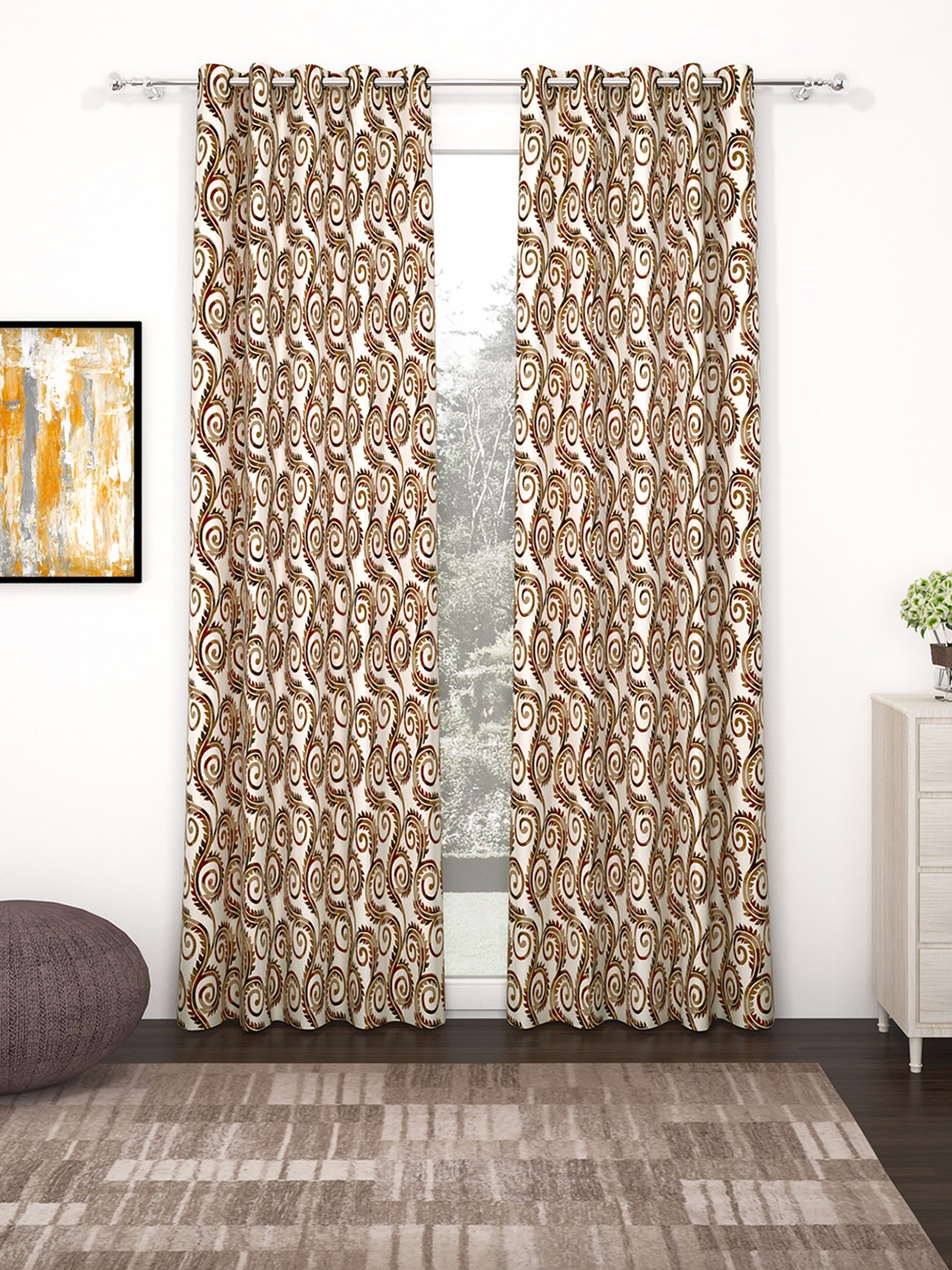 

Bedspun Set of 2 Brown & White Printed Polyetser Eyelet Ringtop Door Curtains