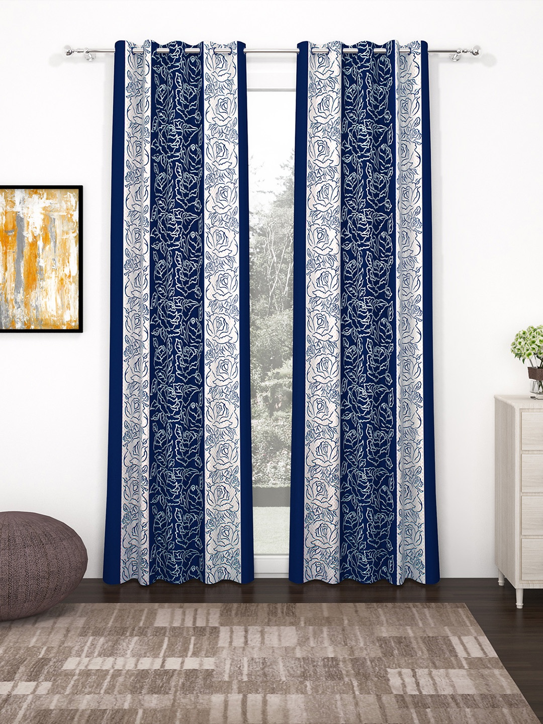 

Bedspun Set Of 2 Blue & White Printed Polyester Eyelet Ringtop Door Curtains