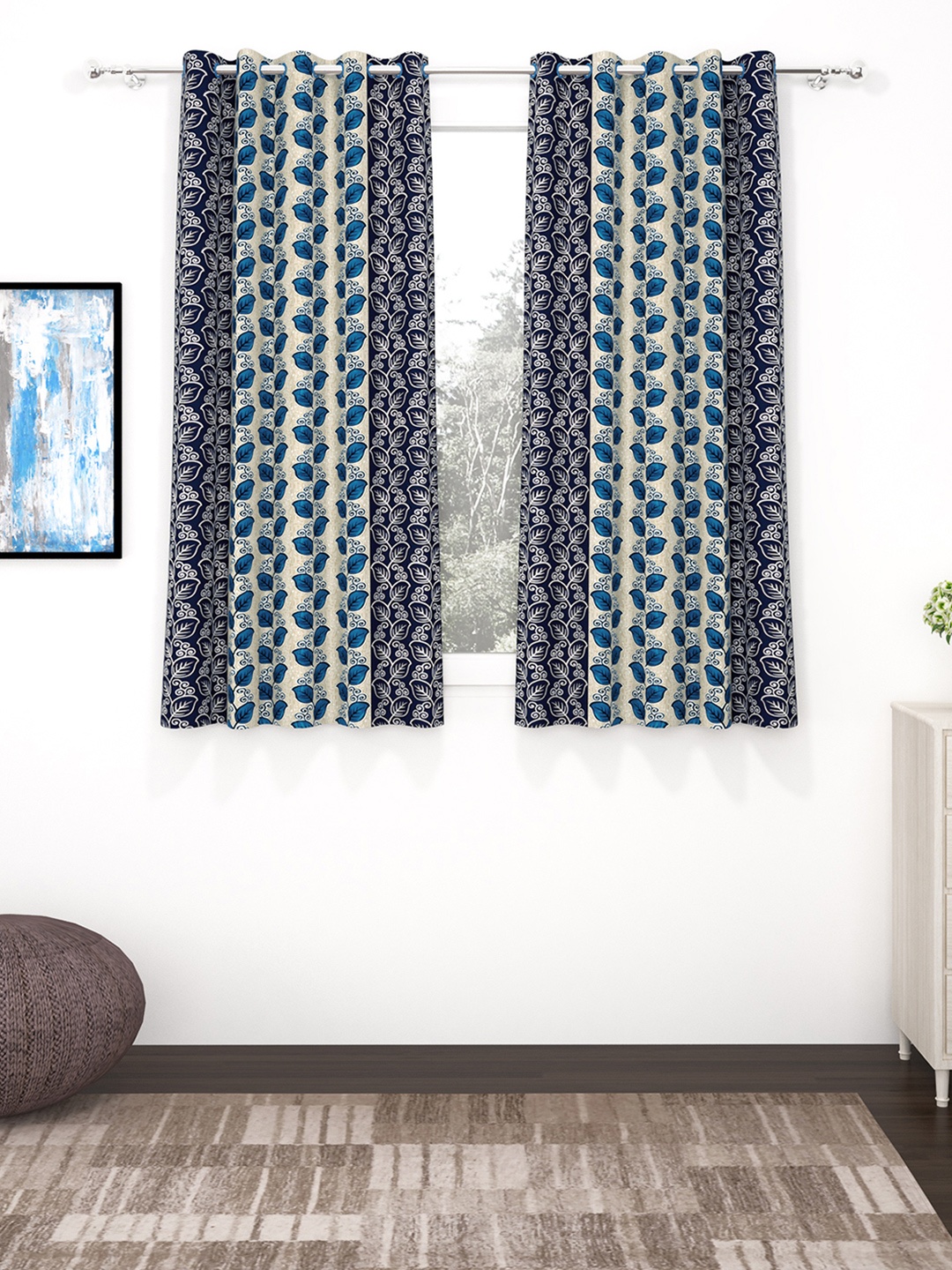 

Bedspun Set of 2 Blue Floral Print Window Curtains